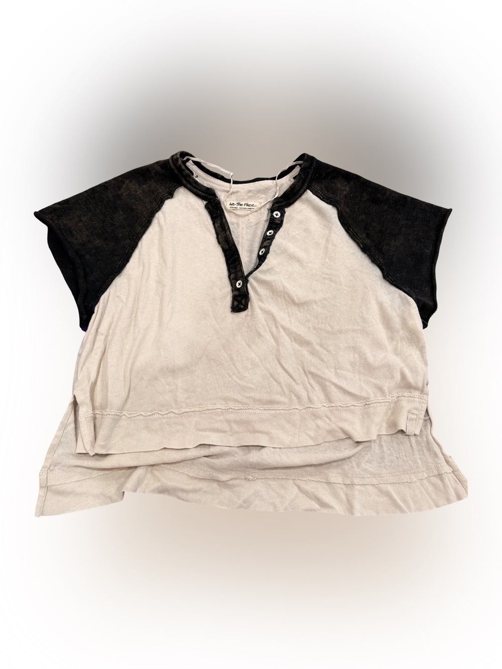 We The Free Black & Cream Raglan Henley Button-Front Top